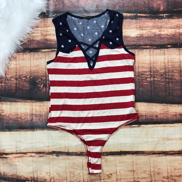 Tops - <<American Flag Cross Cross Strappy Front Bodysuit